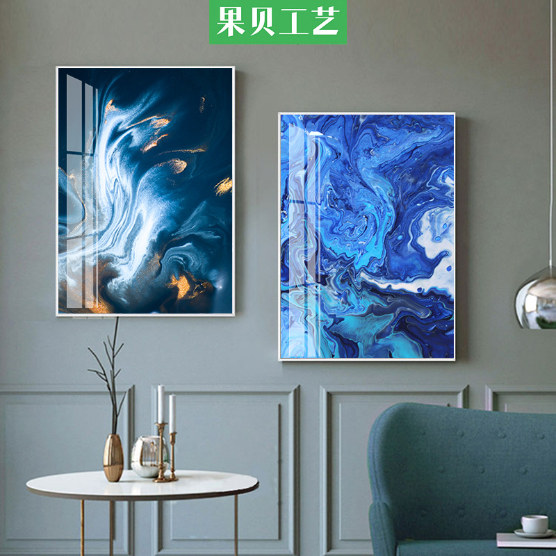现代轻奢玄关装饰画蓝色抽象巨幅走廊竖版挂画办公室