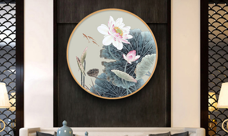 新中式装饰画,客厅玄关画,走廊沙发背景画,圆形荷花挂画,书房茶室挂画