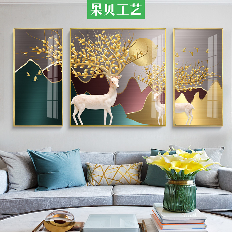 招财金鹿福客厅装饰画现代沙发背景墙面油画意境麋鹿