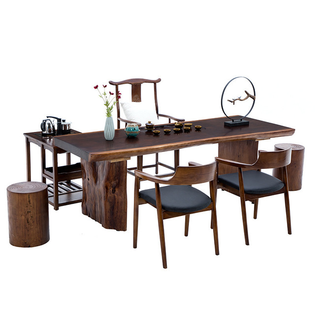 新中式办公室泡茶全实木茶桌客厅大板茶台桌椅组合茶楼复古茶艺桌