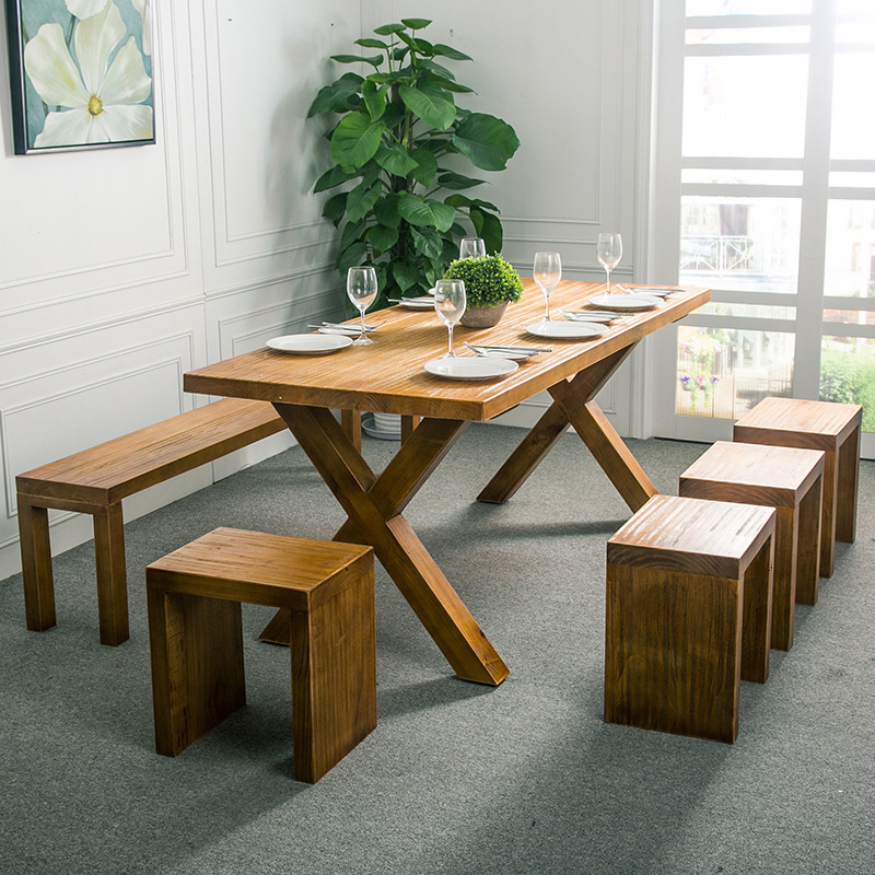 全实木餐桌长方形4-6人餐桌椅组合现代简约x型桌脚长条椅子办公桌